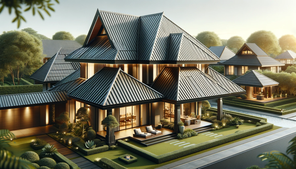A modern home with an innovative Vista Roofing design, showcasing a high-quality roof amid a lush garden.