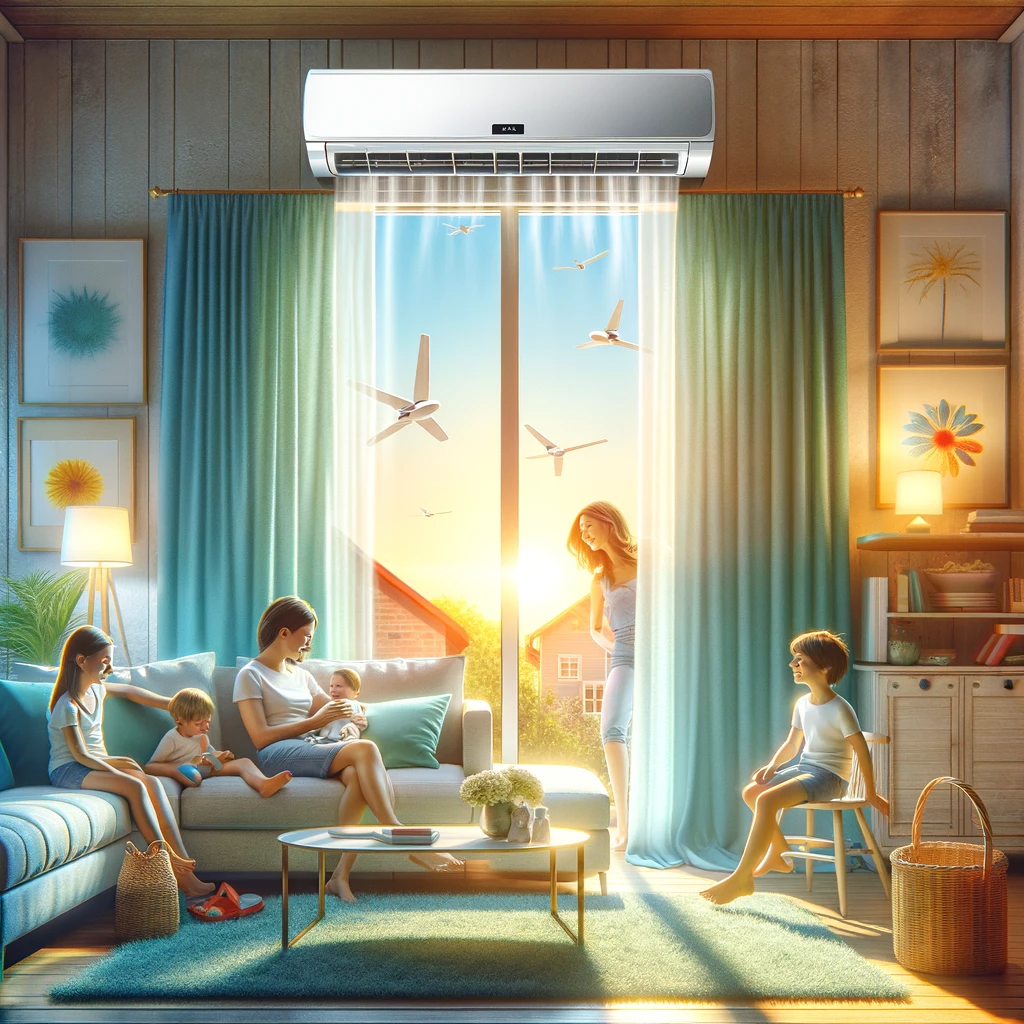 A family enjoying a comfortable and cool summer day inside a living room, thanks to the Ryan Cool Air conditioning unit.