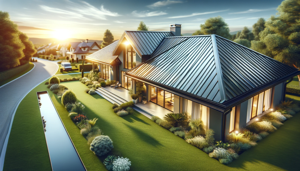 "A modern suburban home at sunrise with a sleek new metal roof, surrounded by lush greenery."