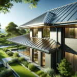 Modern house with a sleek, eco-friendly metal roof and integrated gutters, surrounded by greenery.